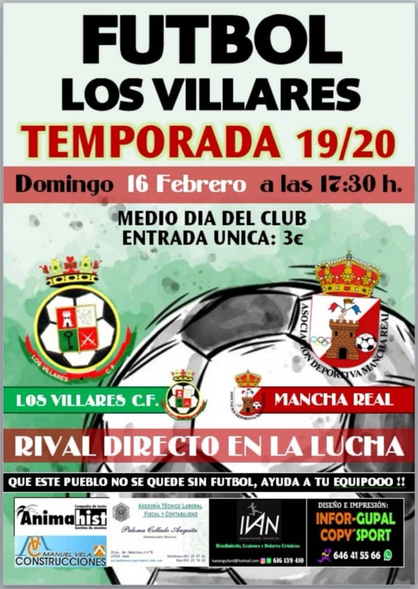 PRÓXIMO PARTIDO|
🆚 <a href="/MancharealAD/">A.D. MANCHA REAL</a>
📆 Domingo, 16 de febrero
⌚ 17:30
🏟️ Estadio José Antonio Manrique