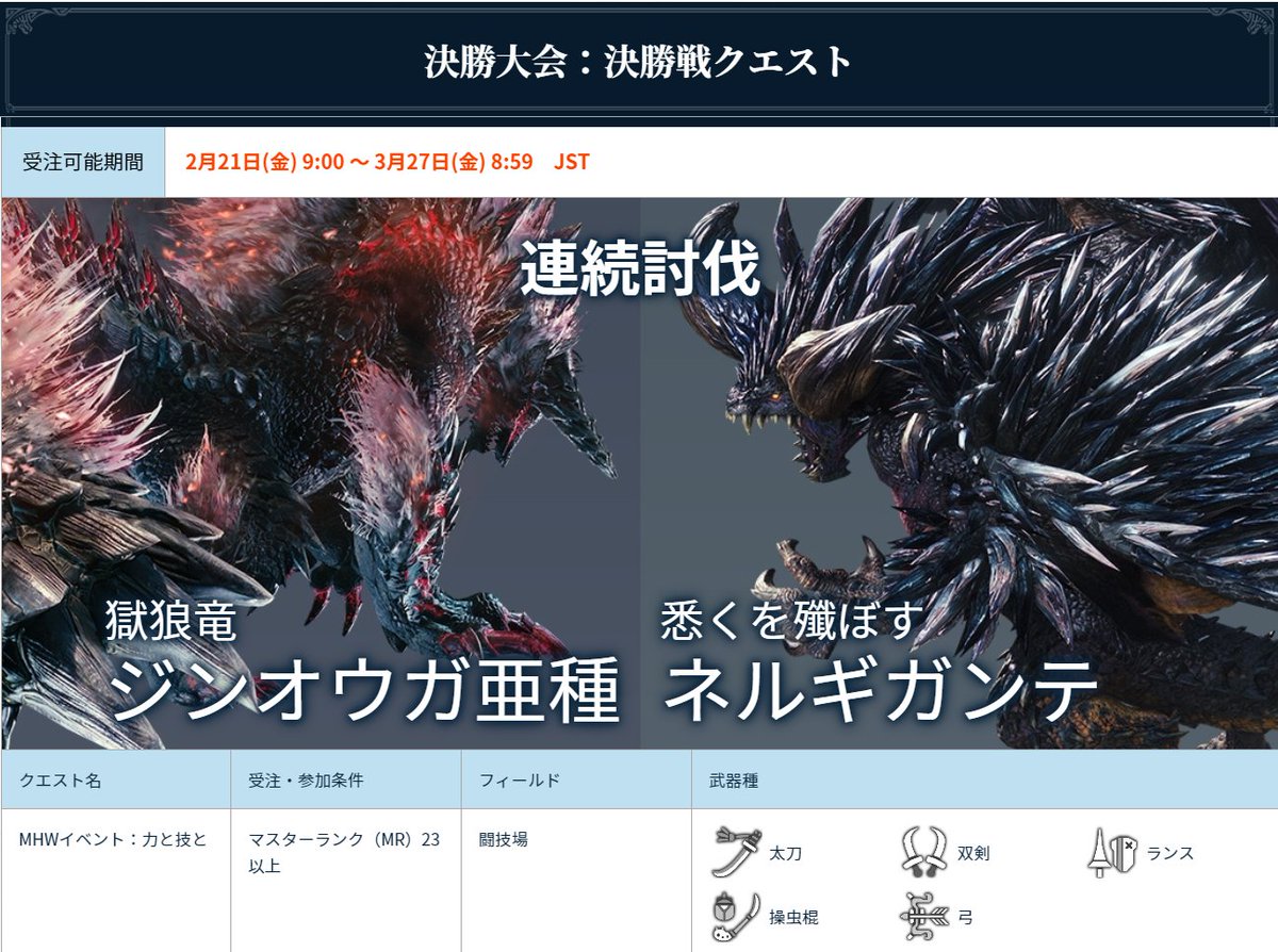 モンスターハンターワールド アイスボーン公式 モンスターハンターワールド アイスボーン 狩王決定戦 19 3月21日 土 開催の決勝大会クエスト情報を公開 クエスト Mhwイベント 傷をも恐れぬ時 Mhwイベント 力と技と の使用可能武器種