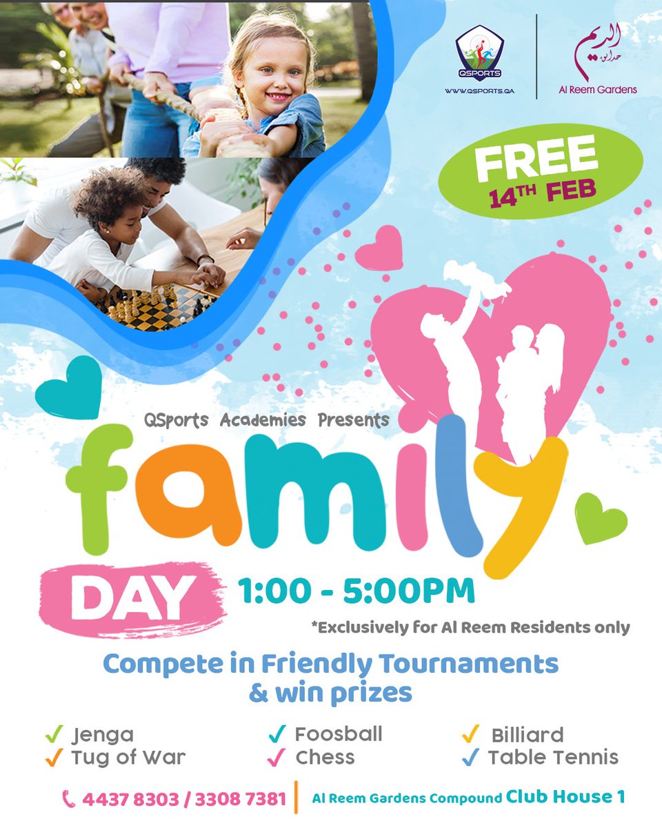 QSportsQatar's tweet photo. We are hosting another exciting Family Day exclusively for Al Reem Garden residents. Visit Club House (1) on 14th Feb & compete in various friendly tournaments to win prizes.
#StepUpYourGame with QSports ❤
#QSportsAcademies #QSportsEvents #QSportsLeagues #QSportsMallActivations https://t.co/eGeic2dQxK