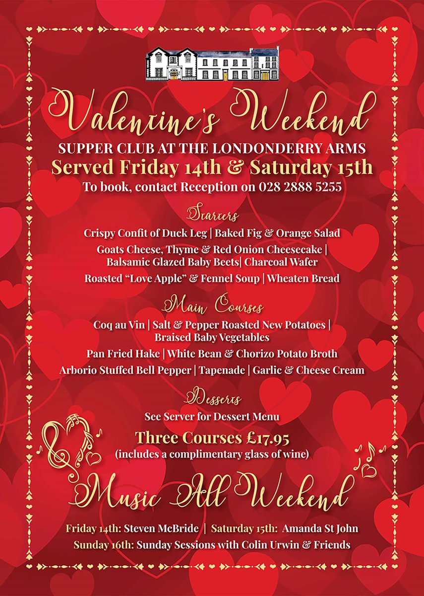 This Valentines Weekend treat your significant other to a Romantic 3 Course meal with a complimentary glass of wine!🥰🥰
Tables still available for this Friday &amp; Saturday Night!!
#ValentinesDay #OriginalIrishThursday #GlensofAntrim #AntrimCoast