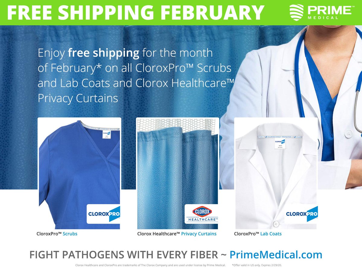Get Protected by the Power of Bleach®! Enjoy FREE shipping on every order of CloroxPro™ Scrubs &amp; Lab Coats and Clorox Healthcare™ Privacy Curtains thru 2/29/20. Valid on US orders only. bit.ly/FEBFREESHIP #Antimicrobial #Scrubs #LabCoats #PrivacyCurtains #BleachFriendly