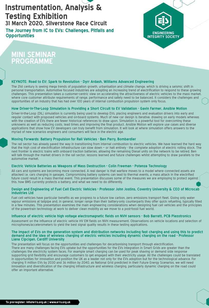 We've a great line up of exhibitors at our Instrumentation, Analysis and Testing Exhibition, 31 March 2020, Silverstone. Also on the day - mini seminars on the theme "The Journey from IC to EVs: Challenges, Pitfalls and Opportunities". Register for FREE e-i-s.org.uk