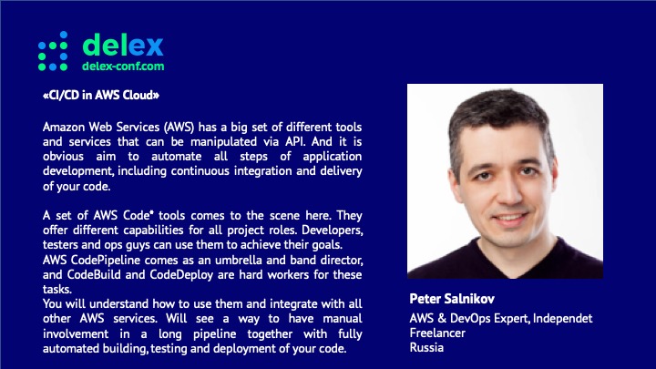 delex_conf's tweet photo. 📌DelEx Speakers

Peter Salnikov
"CI/CD in AWS Cloud"

Больше инфо: https://t.co/STCCHJsHbq

#delexconf2020 #delexspeakers #devtestops #devops #testautomation #minsk #conference https://t.co/f3JuyMBBpq