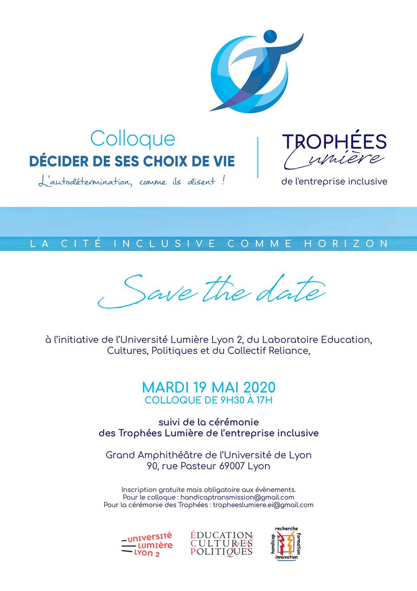 [SAVE THE DATE]🗓
1 date, 2 événements gratuits et accessibles à tous : RDV le 19 mai 2020 à #Lyon 
🗣Colloque «Décider de ses choix de vie : l’autodétermination»
🏆Trophées Lumière de l’entreprise inclusive 
➡️ Les inscriptions &amp; les candidatures sont ouvertes !
#CICH #handicap