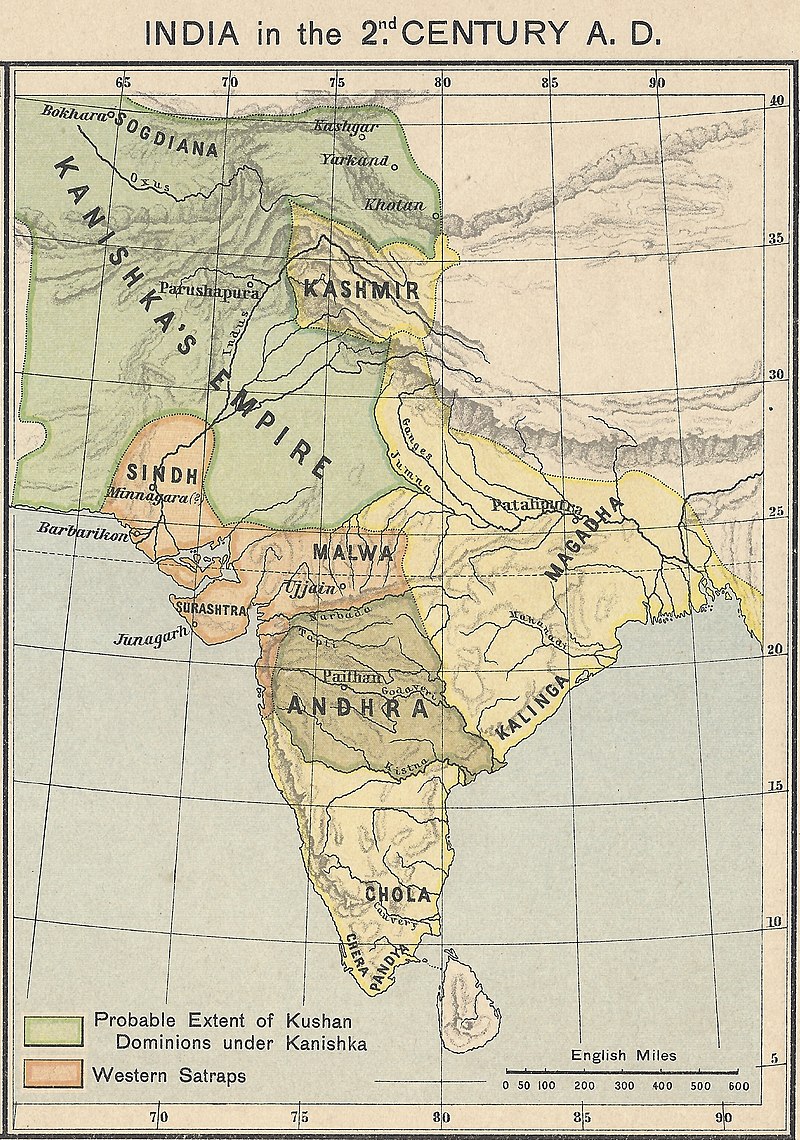 A map of India in the 2nd century CE showing the extent of the Kushan Empire during the reign of Emperor Kanishka.