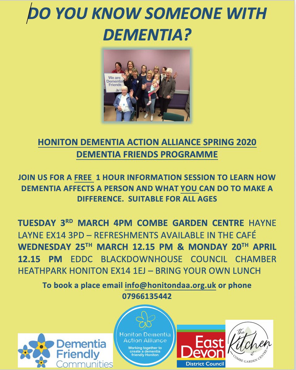 Check our Spring Programme of free #Dementia Friends Awareness sessions Please share on #Heathpark #Honiton info@honitondaa to book a place <a href="/combe_estate/">Combe Estate</a> <a href="/eastdevon/">East Devon District Council</a> <a href="/EastDevonNews/">East Devon News.co.uk</a> <a href="/HonitonNubNews/">Honiton Nub News</a> <a href="/midweekherald/">Midweek Herald</a> <a href="/HonitonChamber/">Honiton Chamber</a> <a href="/SladesHoniton/">Slades Honiton</a> <a href="/duncanhoniton/">Duncan Sheridan-Shaw 🇬🇧🏳️‍🌈</a> @Bfit6 @moshulushoes