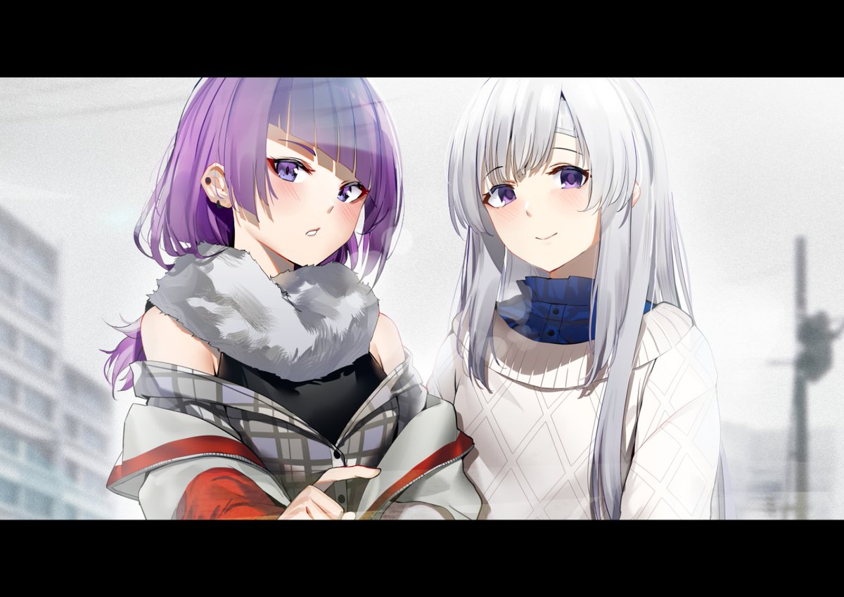 tanaka mamimi ,yukoku kiriko diagonal bangs multiple girls 2girls purple eyes purple hair grey hair looking at viewer  illustration images