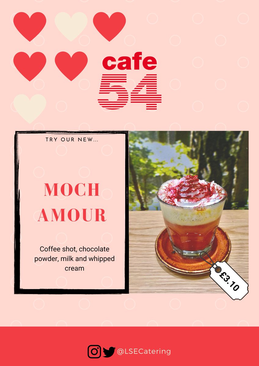 LSEcatering's tweet photo. Feel the love! 💝💝💝
Treat yourself this valentines day, to our new Moch Amour - hot drink. Full of flavour and available from today at Cafe 54.
Order yours now.
#mouthwatering #moreish #Cafe54 #partoflse #opentoall #barista #Holborn #lsecatering #dairymilk https://t.co/O6G170QIS7
