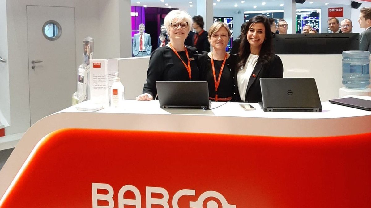 Barco's tweet photo. It's a new dawn, it's a new day and we're still feeling good at #ISE2020! 🤗 Drop by booth F120 in Hall 12, these ladies will be more than happy to welcome you! #enablingbrightoutcomes https://t.co/W2HBEvuAD0