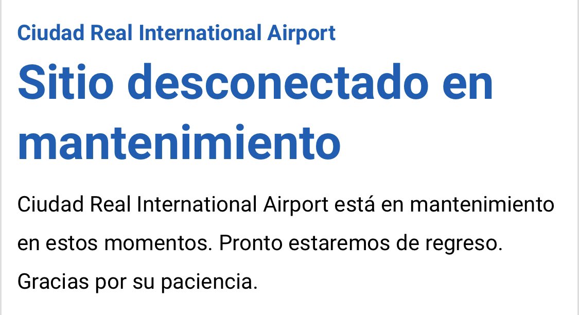 5 meses tras la apertura del #aeropuerto #CiudadReal, su web sigue, supuestamente, “desconectada en mantenimiento”. Saquen sus conclusiones 👇🏼

#sinavionesnohayaeropuerto #fincadehortalizas #pasenyvean #verparacreer #marcaEspaña #46mesesdespués #yahoraqué #aeropuertociudadreal
