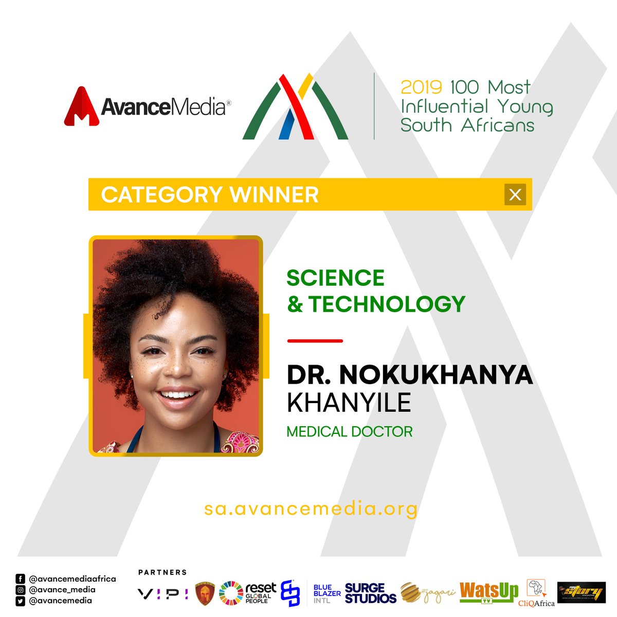 Congratulations to @dr_khanyile on being voted the 2019 Most Influential Young South African  in Science & Technology

Full ranking available on sa.avancemedia.org

Profile available on avancemedia.org/2019miysa

#100MIYSA #AvanceMedia #SouthAfrica

cc: @mentalmatters_