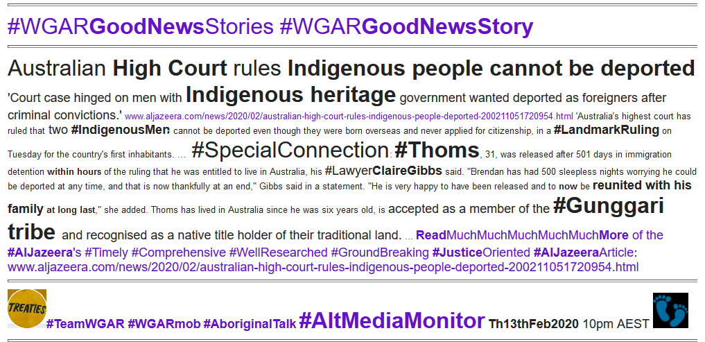WgarNews's tweet photo. '#HighCourtRules #AboriginalPeople CannotBe #DeportedForCriminalConvictions, CannotBe '#alien' to #Australia' via #AlJazeera https://t.co/bGV1gD8f9w #BBCnews, #ABC #HighCourtReporter #ElizabethByrne | #WGARGoodNewsStories #WGARGoodNewsStory #AboriginalTalk https://t.co/I7LGCIJK9Z https://t.co/0uuzpZszkJ