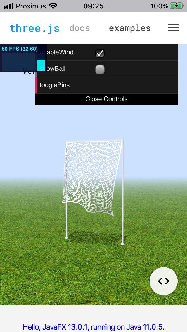 johanvos's tweet image. Combining #JavaFX and WebGL on iOS: see code and screenshot (from an iPhone). Using @GluonHQ Substrate and #GraalVM native-image and #OpenJFX