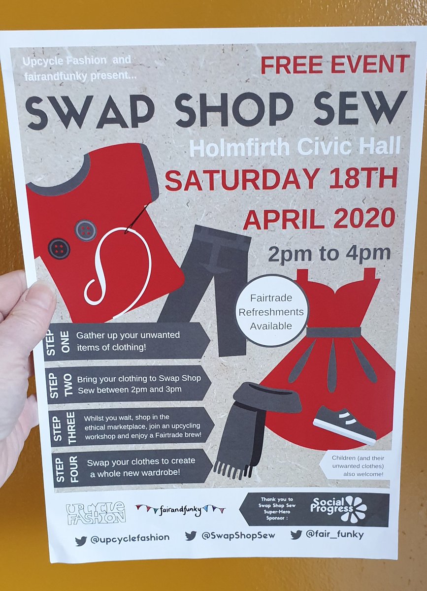 SocialProgress's tweet image. We're delighted to be supporting the next @swapshopsew organised by @fair_funky &amp;amp; @upcyclefashion at @Holmfirth_Civic . Why not come along, bring some clothes and swap for new ones. Our very own @SoProJanet will be there volunteering. #upcycle #RecycleAndReuse #holmfirth