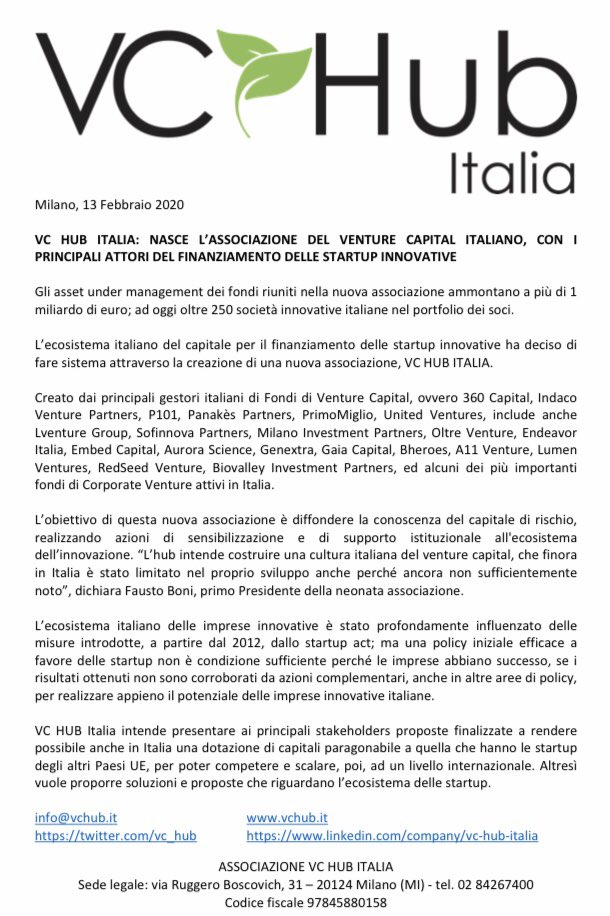 VC Hub Italia (@vc_hub) on Twitter photo VC HUB ITALIA: NASCE L’ASSOCIAZIONE DEL VENTURE CAPITAL ITALIANO <a href="/360CP/">360 Capital</a> <a href="/P101Ventures/">P101</a> <a href="/panakes/">Panakes Partners</a> <a href="/dpixel_vc/">dpixel_vc</a> <a href="/UnitdVentures/">United Ventures</a> @SofinnovaParis <a href="/LVentureGroup/">LVenture Group</a> @OltreVenture <a href="/Endeavor_Italy/">Endeavor Italy</a> <a href="/GaiaCapital/">Louis Young</a> <a href="/BHeroes_Italia/">B Heroes</a> <a href="/RedSeedVentures/">RedSeed Ventures</a> VC HUB ITALIA: NASCE L’ASSOCIAZIONE DEL VENTURE CAPITAL ITALIANO <a href="/360CP/">360 Capital</a> <a href="/P101Ventures/">P101</a> <a href="/panakes/">Panakes Partners</a> <a href="/dpixel_vc/">dpixel_vc</a> <a href="/UnitdVentures/">United Ventures</a> @SofinnovaParis <a href="/LVentureGroup/">LVenture Group</a> @OltreVenture <a href="/Endeavor_Italy/">Endeavor Italy</a> <a href="/GaiaCapital/">Louis Young</a> <a href="/BHeroes_Italia/">B Heroes</a> <a href="/RedSeedVentures/">RedSeed Ventures</a>