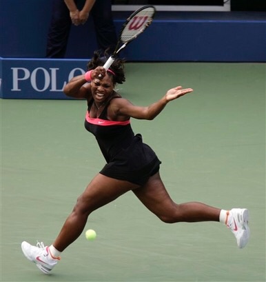 j.note the direction of the ball and Serena’s finish (— her follow-through), the racquet above her head and behind her back.when contacting the ball, i tend to go slightly off-centre (contact with the stringbed) but that might be more personal superstition than anything else!