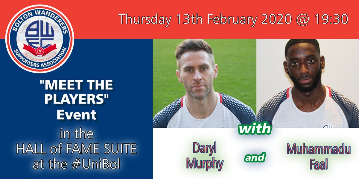 TheBWSA's tweet photo. TONIGHT (13th February) at the University of Bolton Stadium? Our two @OfficialBWFC players have been confirmed and we look forward to meeting them in the Hall of Fame Suite from 7:30pm (if you are attending then please use the tower entrance next to the club shop) #bwfc #bwsa ⚽️ https://t.co/gF6lNcGKLv