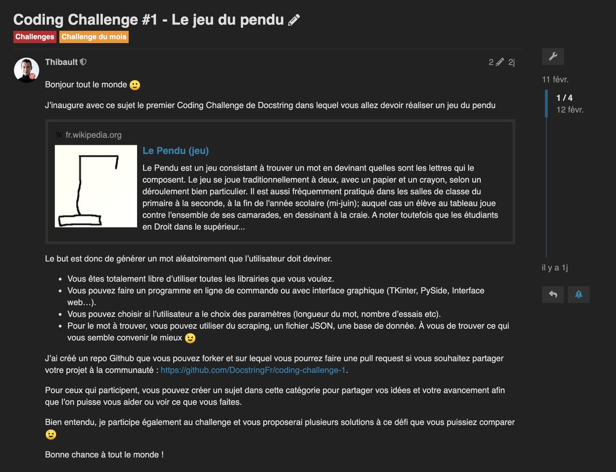 ThibaultHoudon's tweet image. 3/3 J'ai donc décidé d'essayer cette approche en créant un #codingchallenge pour ma communauté sur #Docstring avec un jeu du pendu.
Je vais moi-même participer au challenge et ainsi pouvoir en même temps planifier un nouvel exercice que je pourrai ajouter à ma formation #Python.