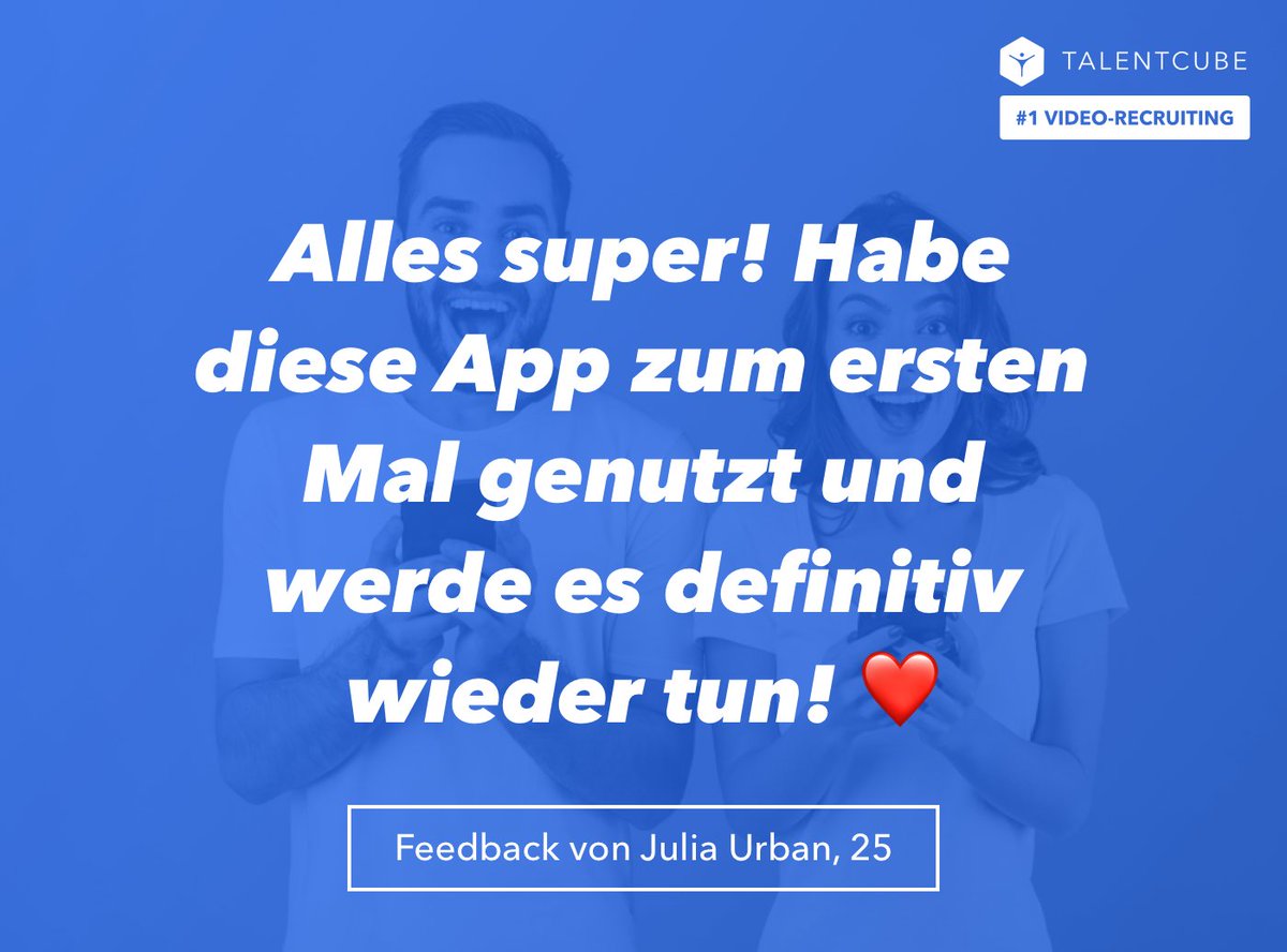 Bewerber lieben Talentcube. 💙Erfahren Sie hier, welchen Mehrwert Mobile Recruiting für Ihr Unternehmen hat und wieso auch Sie darauf setzen sollten.🖇talentcube.de/recruiting/
#feedback #VideoRecruiting #HR #Trends #Digitalisierung #Recruiting #Personalmanagement #Innovation