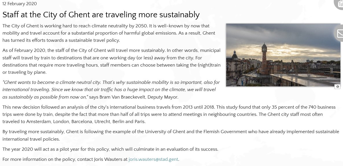 Travel accounts for a huge proportion of harmful global emissions. For <a href="/Stadgent/">Stad Gent</a> to meet its #CarbonNeutrality goal, travel has to be considered. That is why they have launched a #SustainableTravelPolicy for city staff. Congratulations, Ghent! 👏🚆

More: bit.ly/3bykgmr