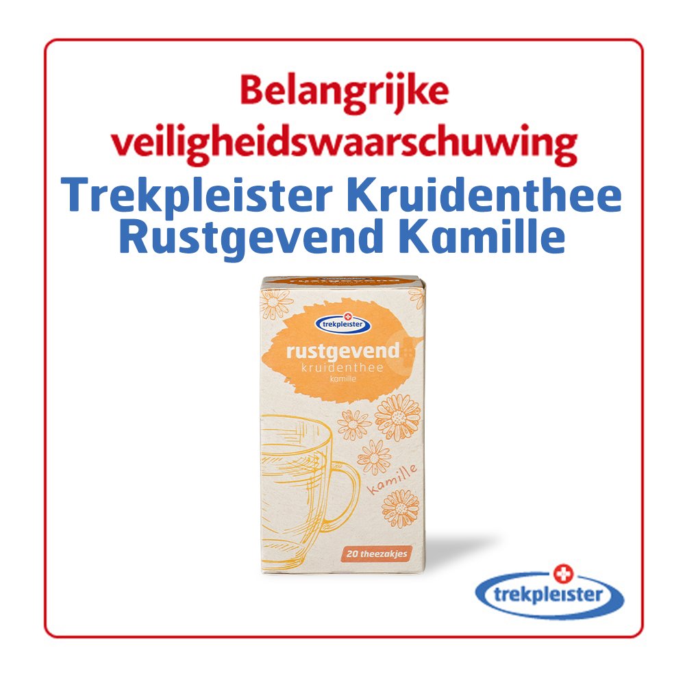 Belangrijke veiligheidswaarschuwing: Heb jij de Trekpleister Kruidenthee Rustgevend Kamille gekocht? Lees dan trekpleister.nl/thee.