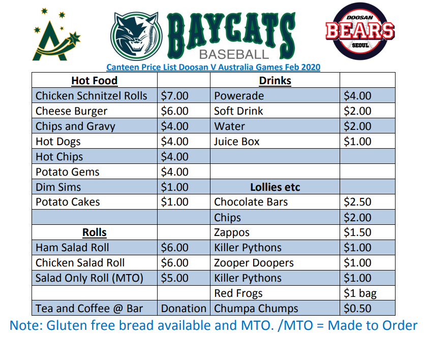 Geelong BAYCATS Baseball Club has released the canteen menu for the Doosan Bears KBO Challenge Games on Feb 16 &amp; 18! Yum!
Check out some other cool updates to our microsite; fielders.net/doosan-bears-v…
#visitmelbourne #visitvictoria #eventsgeelong #teamaustralia #bearspotv