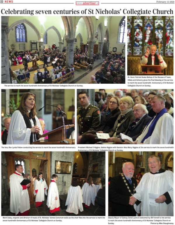 StNicholas1320's tweet photo. A lovely spread from Sunday's 700th Anniversary Service in today's @galwayad. Two Bishops, our Rector, other clergy, many guests including President Michael D. Higgins & Mrs Higgins, Senator Higgins, Parish, Neighbours & Friends. View here: https://t.co/vb658SymF6 #StNicholas700 https://t.co/CrMSUIWhyE
