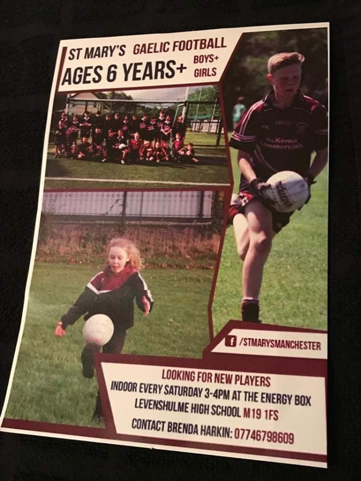 St Mary's Levenshulmes only gaelic football team is looking for new players ages 6-14 come down and give a new sport a try