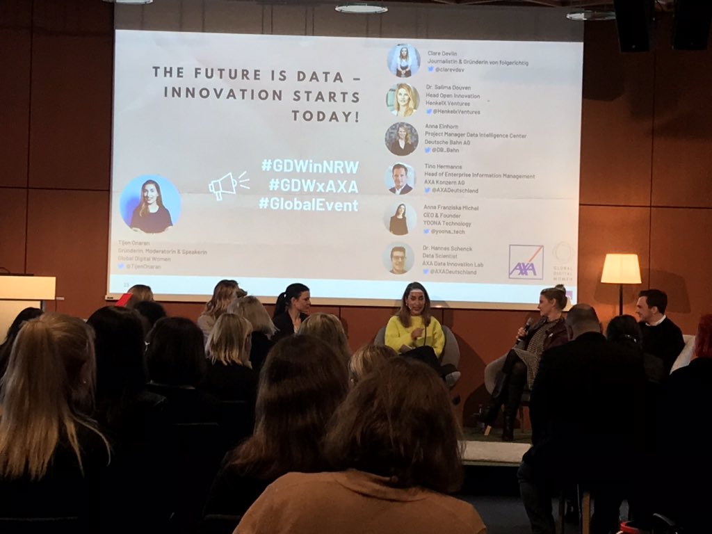 ChUllrich's tweet photo. Gerade bei @AXA in Kölle: Podiumsdiskussion mit @TijenOnaran von @gd_women zum Thema „The Future is #Data - #Innovation Starts Today“ Spannend!! #GDWinNRW #GDWxAXA #GlobalEvent https://t.co/cYYNVptX38
