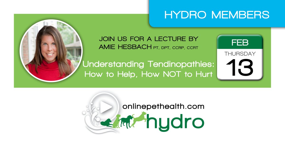 I am very excited about this lecture with Amie Hesbach on Tendinopathies! See you live tonight Hydrotherapists! 

#Hydrotherapy #caninehydrotherapy #caninehydro #animalrehabilitation #animalrehab #caninerehab #caninerehabilitation