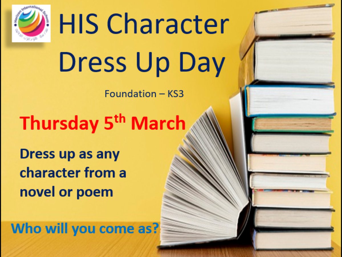 EnglishHis's tweet photo. Get your thinking hats on...Character Dress Up Day is on the 5th March! Who will you come as? #HISbookweek @HISDubai https://t.co/WyGzu6oRn3