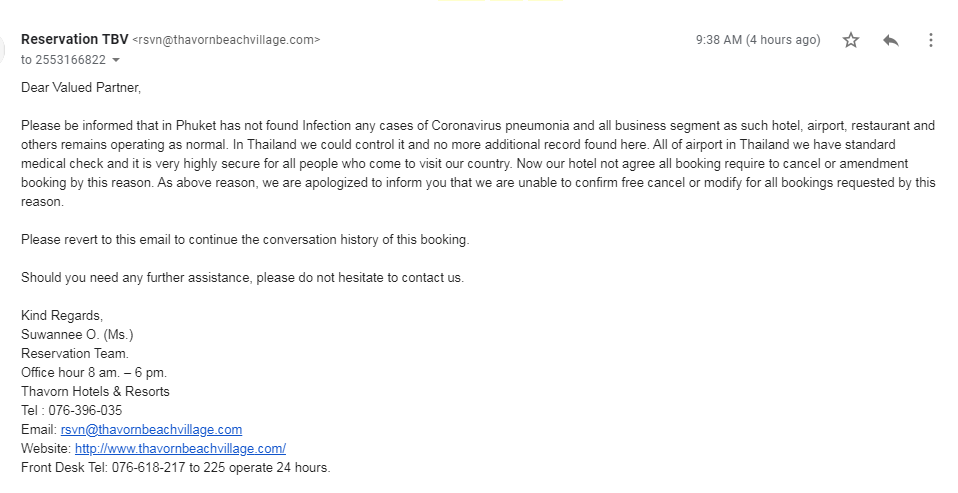 nidhi08's tweet photo. @thavornbeach @bookingcom Extremely cold and insensitive handling of customer request.

We were travelling with two kids.  Do you expect us to put them in such a life threatening situation? Thailand is second most affected country from Corana virus. Refund my booking amount!! https://t.co/XdqFDjPpqU