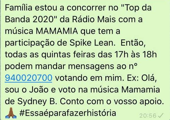 SydneyBOficial's tweet photo. HOJE 17H 💪🏾❤
Família estou a concorrer no "Top da Banda 2020" da Rádio Mais com a música MAMAMIA que tem a participação de Spike Lean. 
Então, podem mandar mensagens ao n° 940020700 votando em mim. Ex: Olá, sou o João voto na música Mamamia de Sydney B.🙏🏾
#Essaéparafazerhistória https://t.co/fjdHm4wZ9A