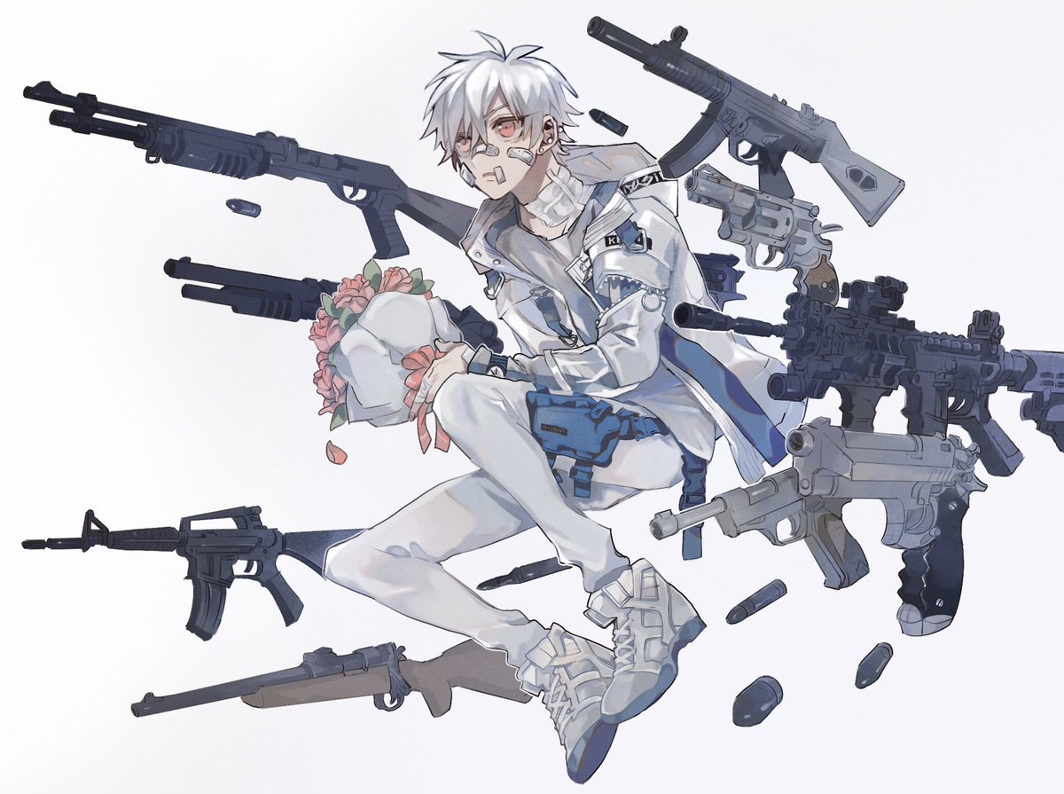 gun weapon 1boy male focus bouquet flower jacket  illustration images