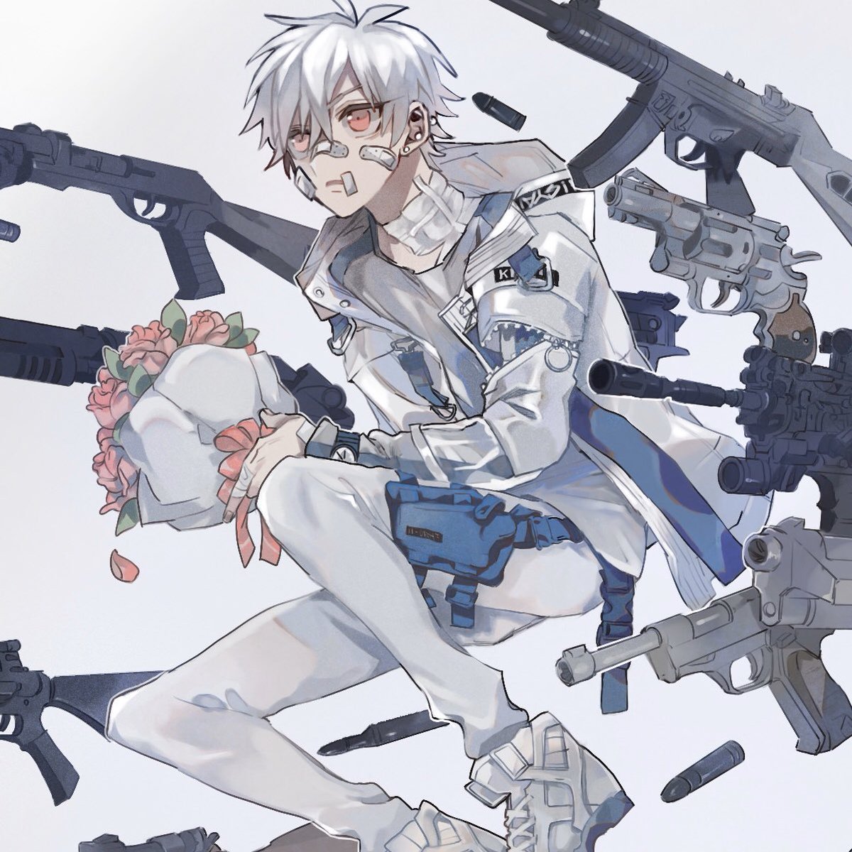 gun weapon 1boy male focus bouquet flower jacket  illustration images