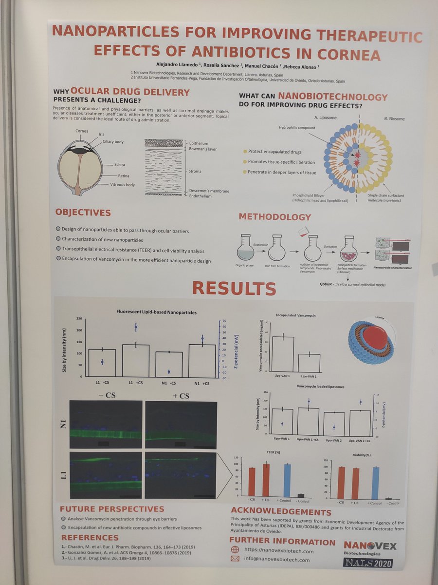 nals2020's tweet photo. A. Llamedo, R. Sanchez, M. Chacón and R. Alonso presented a poster "Nanoparticles for improving therapeutic effects of antibiotics in cornea".
#nals2020 https://t.co/fE01L24BPO