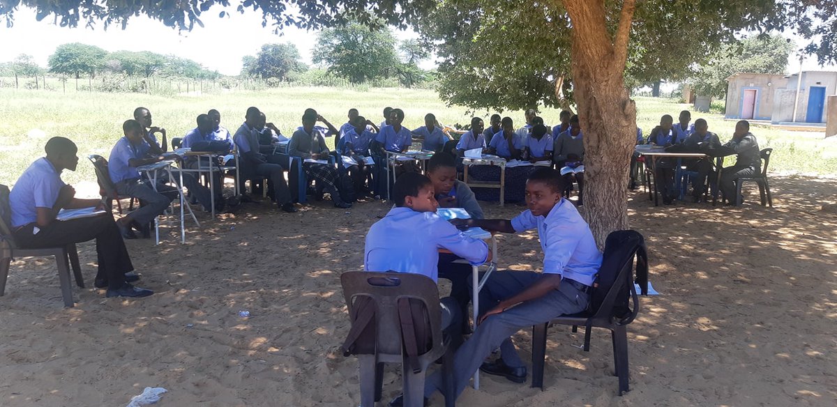 This is Kandume CS School in Oshikoto Region. # of learners is 1131and 35 teachers. It caters for grades 0 to 11. No teachers for Physical Science, Languages and Accounting for the grade 11. Learners are being taught under trees.
