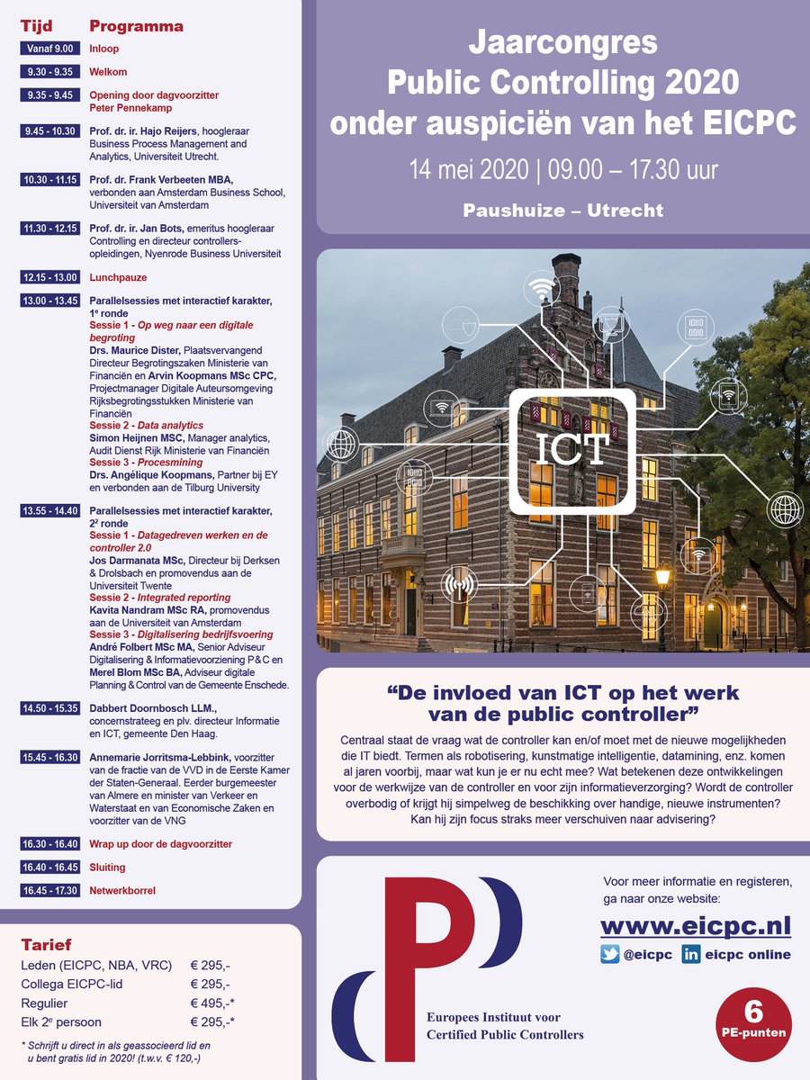 eicpc's tweet photo. Het programma van het EICPC Jaarcongres 2020 is bekend! Centraal op het congres staat de vraag wat de controller kan en/of moet doen met de nieuwe mogelijkheden die IT biedt. Download hier het programma en meld je snel aan > https://t.co/p5ZI4rBCqp
#controller #overheid https://t.co/avDMnZuoR3