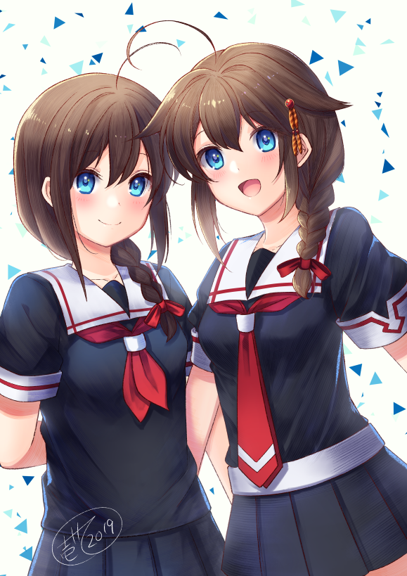 shigure (kancolle) ,shigure kai ni (kancolle) braid multiple girls blue eyes school uniform 2girls single braid serafuku  illustration images