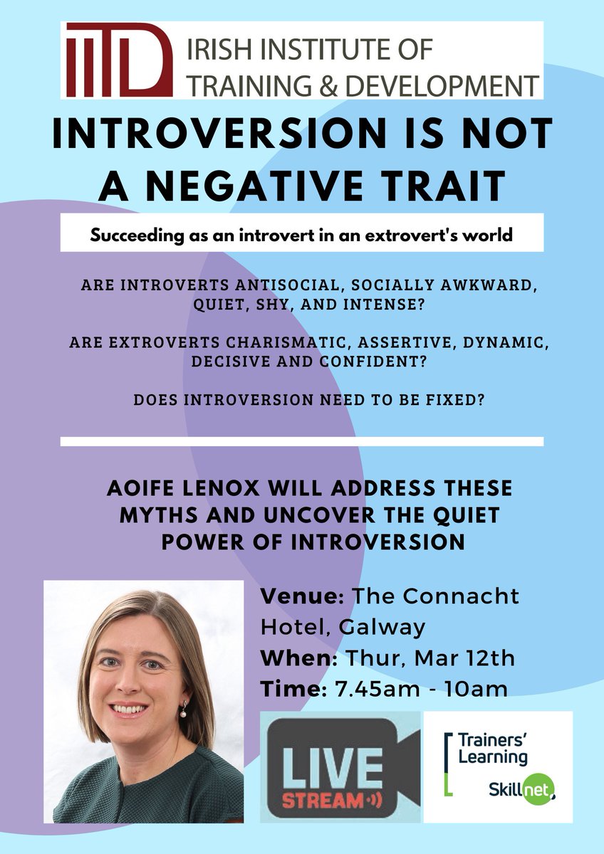 LandDInstitute's tweet photo. ☯️☯️ INTROVERTS V EXTROVERTS ☯️☯️
Who make the best leaders?
Does #introversion 'need to be fixed'?
Discover how #introverts can succeed in an #extrovert's world.
Join @AoifeLenox & iitd_ireland at @ConnachtHotel in #Galway next month.
Book: https://t.co/wh910nNkcN https://t.co/yH16bIiZ3s