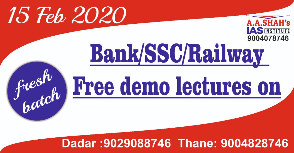 YOUNG_IAS's tweet photo. Bank/SSC/Railway fresh batch at #Dadar commences from February with Free demo lectures on 15 Feb,2020 https://t.co/9lnI0SFgGo
A A Shah's Young IAS 9004078746 (https://t.co/thAEj96Dgx)
#ssccgl #ibpsexams #bankingexams #railwayexams #youngias #classcoaching #lecture #freshbatches https://t.co/f0v5X8ocS5