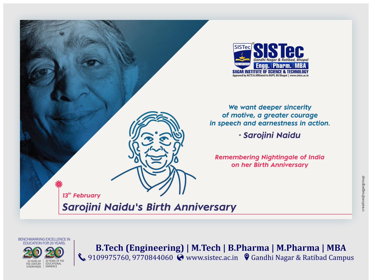 Remembering Sarojini Naidu - The Nightingale of India on her Birth Anniversary...

#SarojiniNaidu #NightingaleofIndia
#HappyBirthdaySarojiniNaidu #BharatKokila

#VisitUs: sistec.ac.in

#SagarCollege #SagarInstitute #SISTec
#SagarGroupofInstitutions