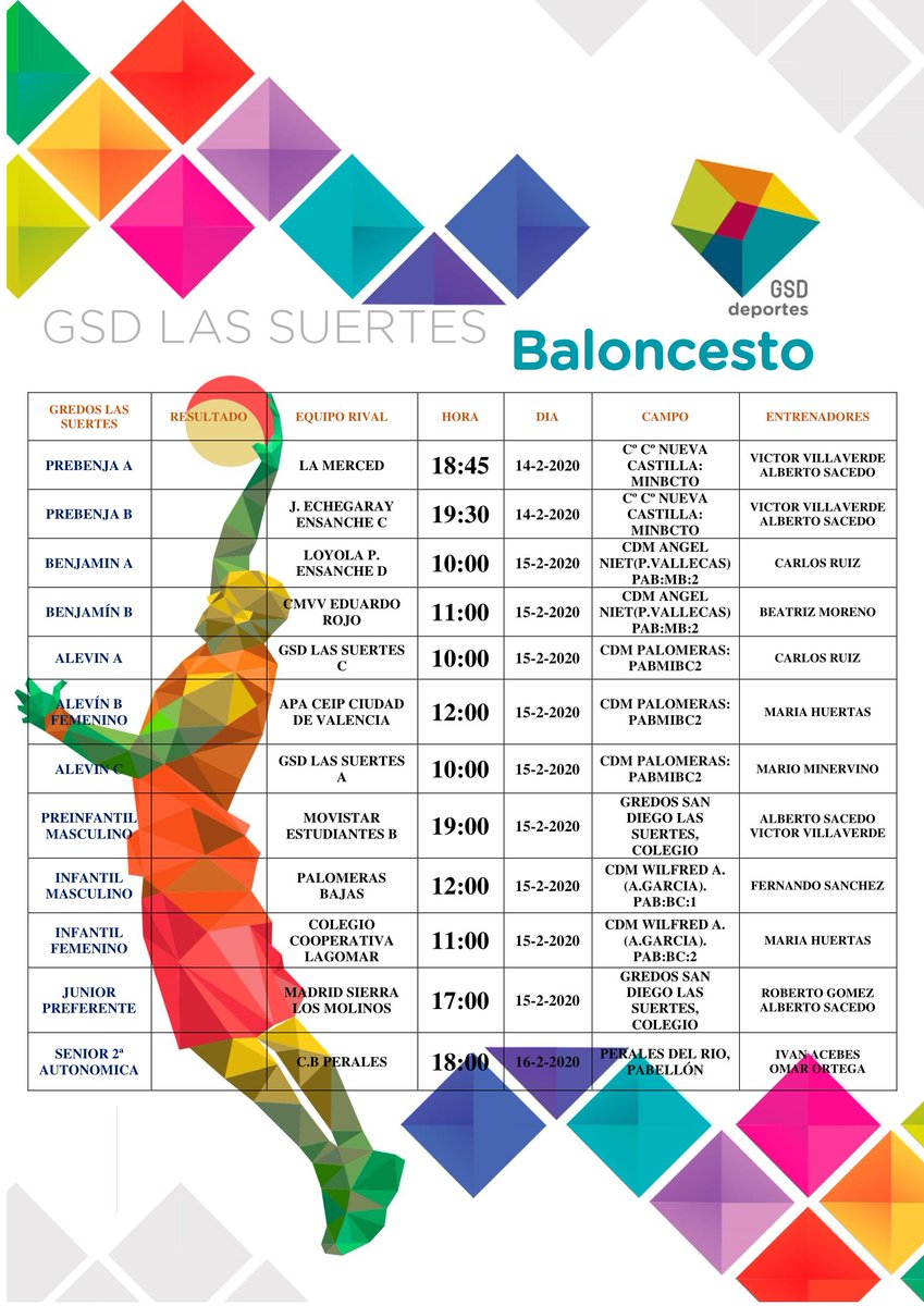 🏐⚽️🏀 GSD Las Suertes 🏀⚽️🏐

📆Horarios de la Jornada para nuestros equipos.

¡Mucha suerte!

<a href="/GSDcdeportivo/">Club Deportivo GSD</a> 
<a href="/andresclavero80/">Andrés</a> 
<a href="/jesus_drl/">Jesús DRL</a> <a href="/magi_313/">magdalena</a>
