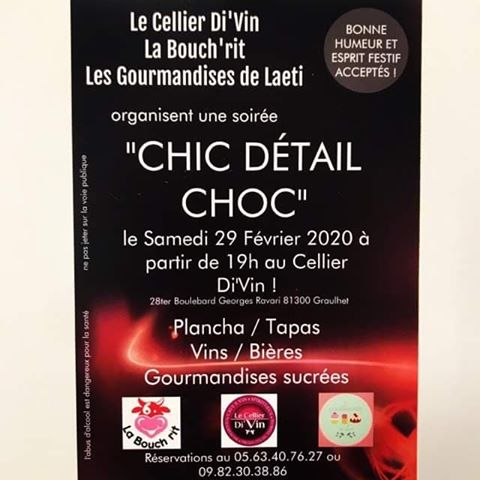 Parta_G's tweet image. Soirée animée et festive le 29 février 2020 à Graulhet avec Le Cellier Di'vin, La bouch'rit et Les gourmandises de Laeti !
#Graulhet #animation #soirée
apy.re/Xy0PE