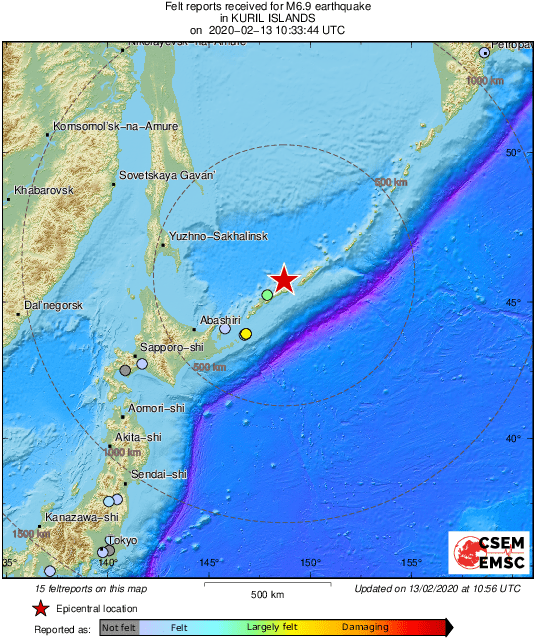 LastQuake's tweet photo. M6.9 #earthquake (#землетрясение) strikes 86 km NE of #Kuril'sk (Russian Federation) 25 min ago. Effects reported by eyewitnesses: https://t.co/sGWnik4w1D