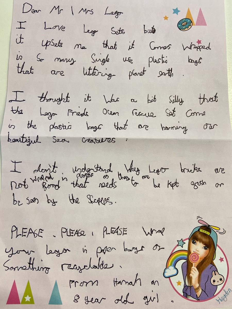 DougWhincup's tweet photo. Please RT this letter from my 8yr old to @LEGO_Group complaining about the ridiculous use of plastic packaging - ironically in this case in their “Ocean Rescue” set! Great product, but sort out your packaging! 🌎🐬🐳🐠@LEGOfoundation #oceanrescue #singleuseplastic #saveourplanet https://t.co/5Ck6giTyLu