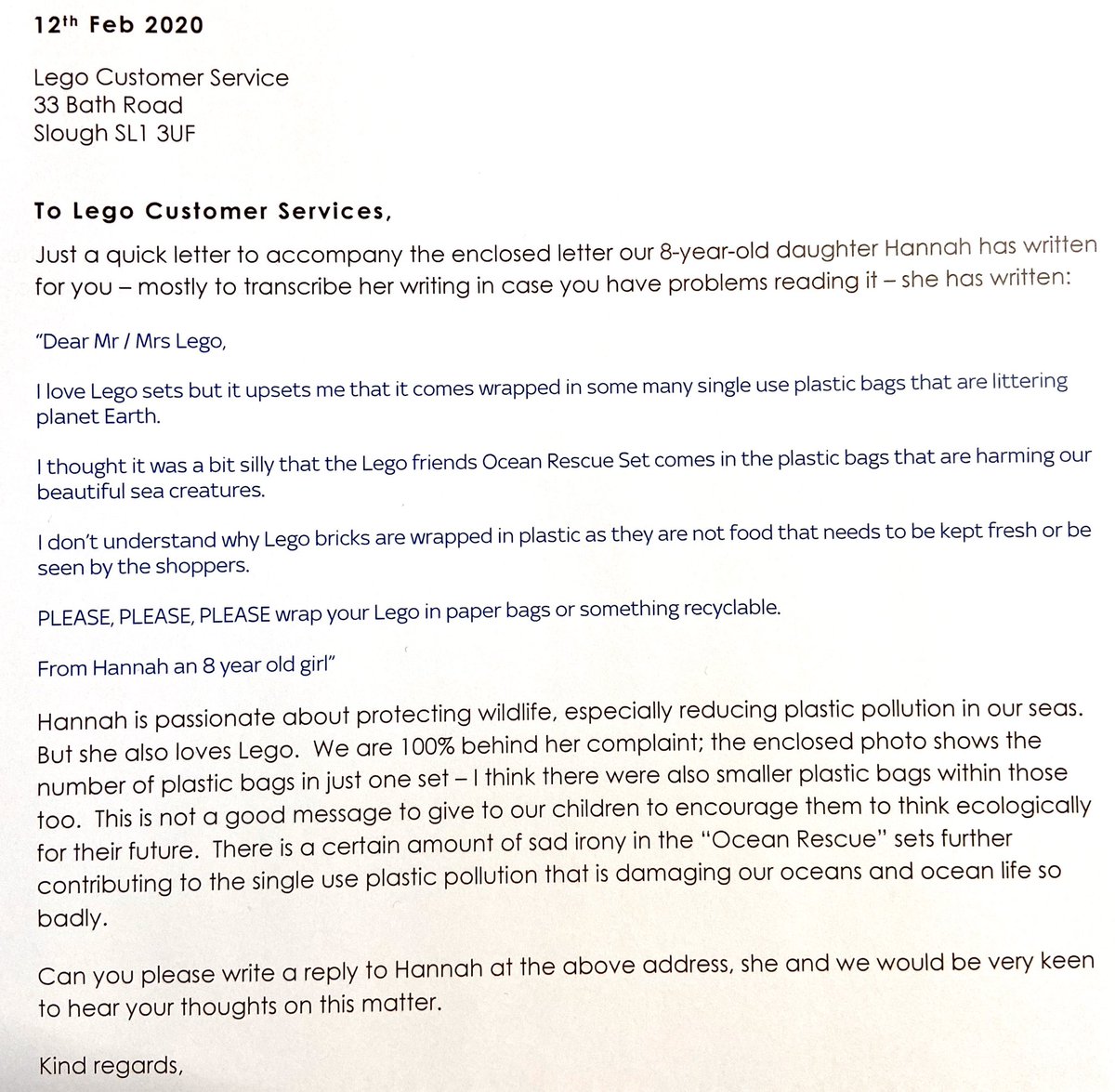 DougWhincup's tweet photo. Please RT this letter from my 8yr old to @LEGO_Group complaining about the ridiculous use of plastic packaging - ironically in this case in their “Ocean Rescue” set! Great product, but sort out your packaging! 🌎🐬🐳🐠@LEGOfoundation #oceanrescue #singleuseplastic #saveourplanet https://t.co/5Ck6giTyLu