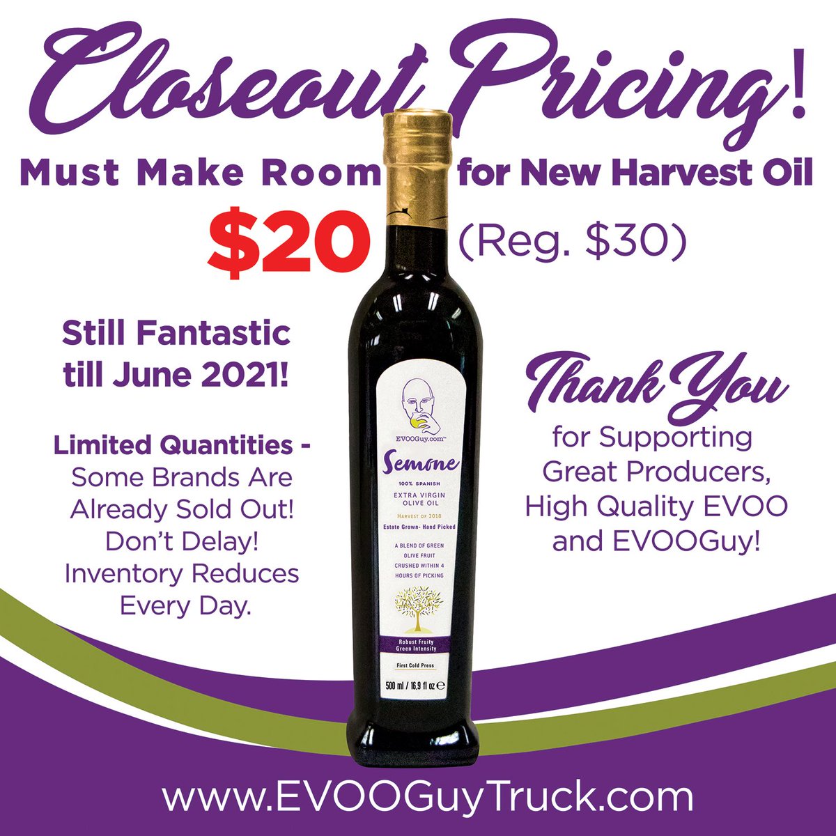 Close out sale from 2018 Harvest. Making room for new harvest oils. Please help by buying some bottles. They are still excellent and best before June 2021. Lowest price possible. Back to original price with new oils that arrive. 
evooguytruck.com
#sale #bestoliveoil