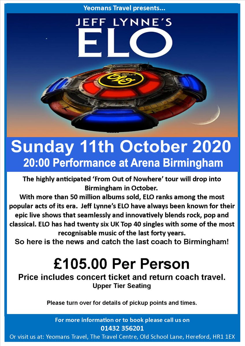 DAY TRIP: JEFF LYNNE'S ELO CONCERT SUNDAY 11TH OCTOBER 2020. PLEASE CALL 01432 356201 FOR BOOKING &amp; DETAILS!!