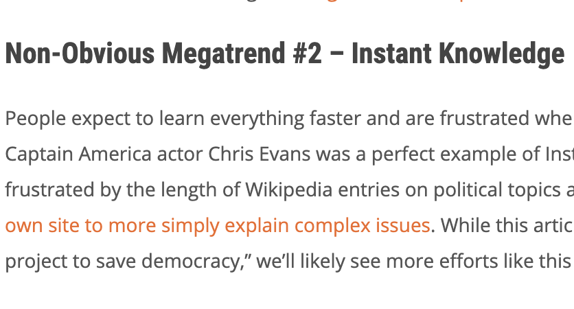 edbmarsh's tweet image. #InstantKnowledge can&apos;t be a good trend. Not everything is simple. Learning isn&apos;t easy. Remove nuance, multiple perspectives, varied explanations and you end up with myopic perspectives and constrained thinking. Limited understanding ≠ knowledge. rohitbhargava.com/2020/01/ten-st…